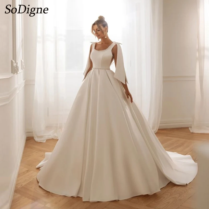 

SoDigne A-line Simple Satin Wedding Dresses Sleeveless Square Collar Pearls Bridal Dress 2025 Customized Wedding Gown