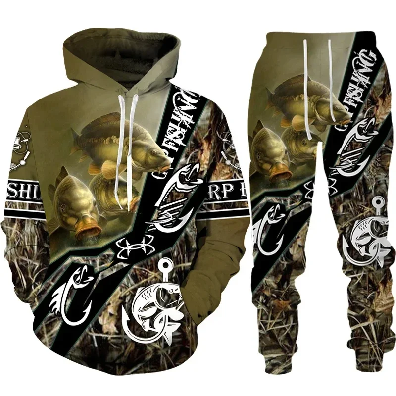 Peixe impressão 3d conjunto com capuz masculino camuflagem casual pesca moda ao ar livre roupas esportivas manga longa pulôver oversize de alta qualidade