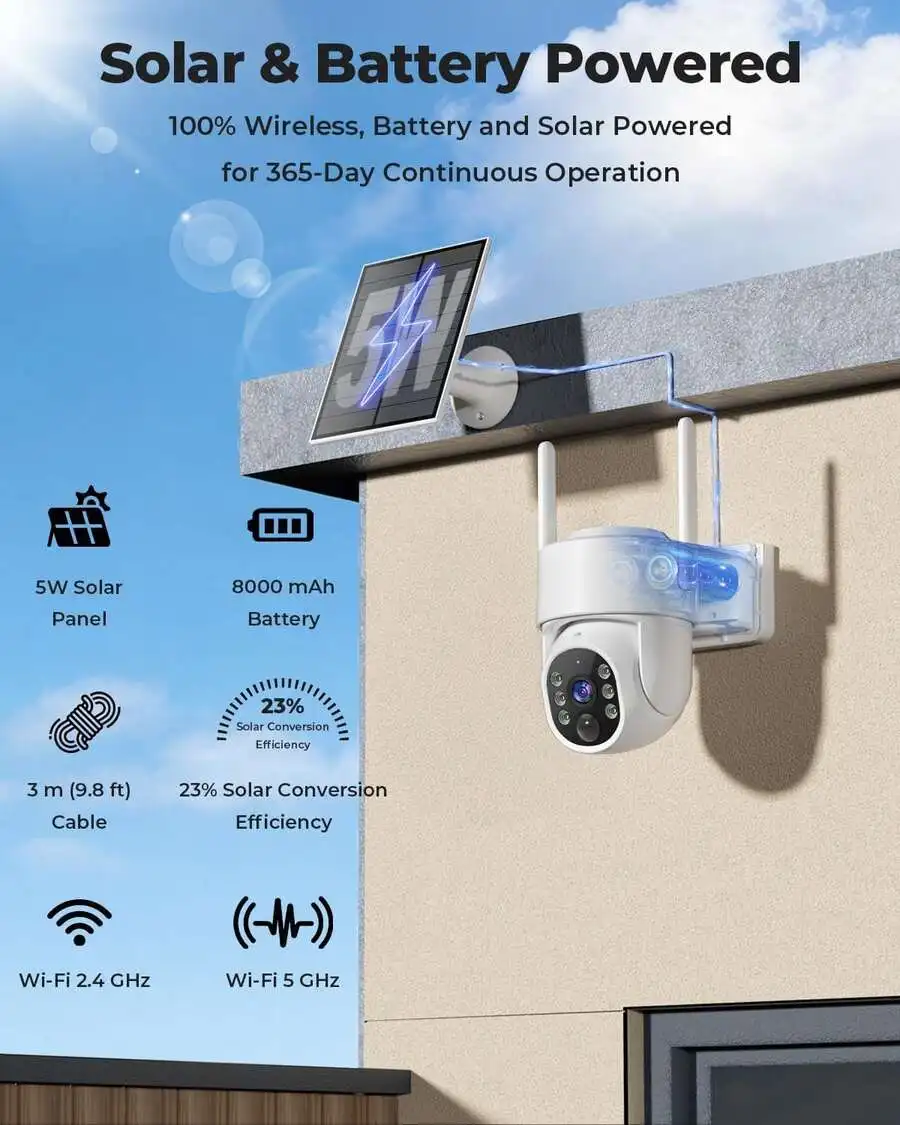 5G WiFi LTE Solar Security Camera, IP66 Waterproof, 360 °     Real-Time View, 4MP Color Night Vision, PIR Motion Sensor, Two-Way Communication, Smartphone Application Control, 8000mAh Battery, Wireless Outdoor Monitoring, Suitable For Home, Garage,