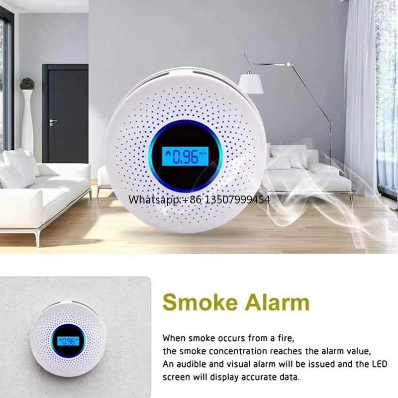2 in 1 LCD Display Carbon Monoxide & Smoke Combo Detector Battery Operated CO Alarm with LED Light Flashing Sound Warning