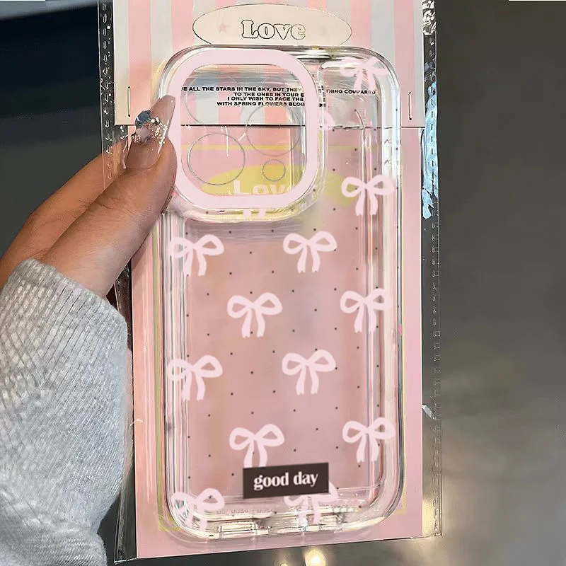 

Cute Blue Pink Bow Phone Case For iPhone 16 15 14 13 12 11 Pro Max Mini X XS SE 7 Plus 16E Shockproof Non-Slip Transparent Cover