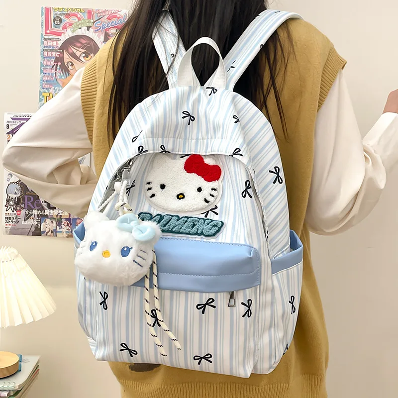 

Рюкзак Hello Kitty в японскую полоску, милый школьный рюкзак Sanrio, высокий внешний вид и большая вместительная студенческая сумка на плечо с героями мультфильмов