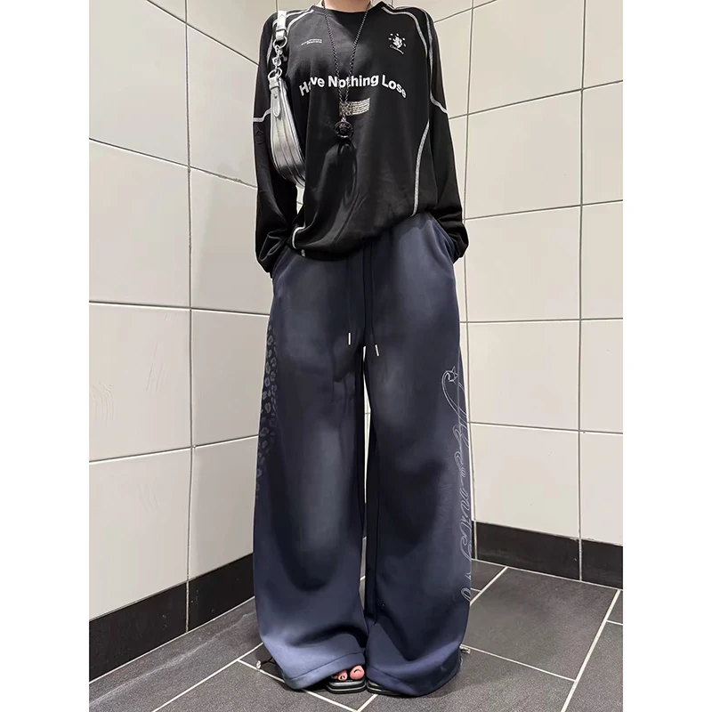 ZHIZOU Women's Leopard Baggy Wide Leg Sweatpants Oversize Letter Pants Harajuku American 2000s Style Vintage Y2k Dance Trousers