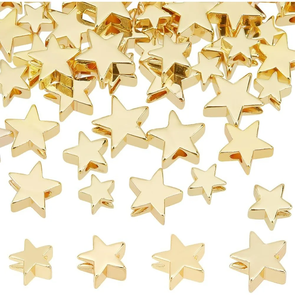 64pcs 14K Gold Star Beads 4 Sizes Brass Star Spacer Beads Long Lasting Loose Beads for Necklace Bracelet Earring Jewelry DIY