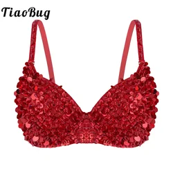 TiaoBug Fashion Women Sparkle Sequin Beading Padded Bra Top for Rave Dances Mermaid Bra Stage Club Wear Sexy Belly Dance Costume