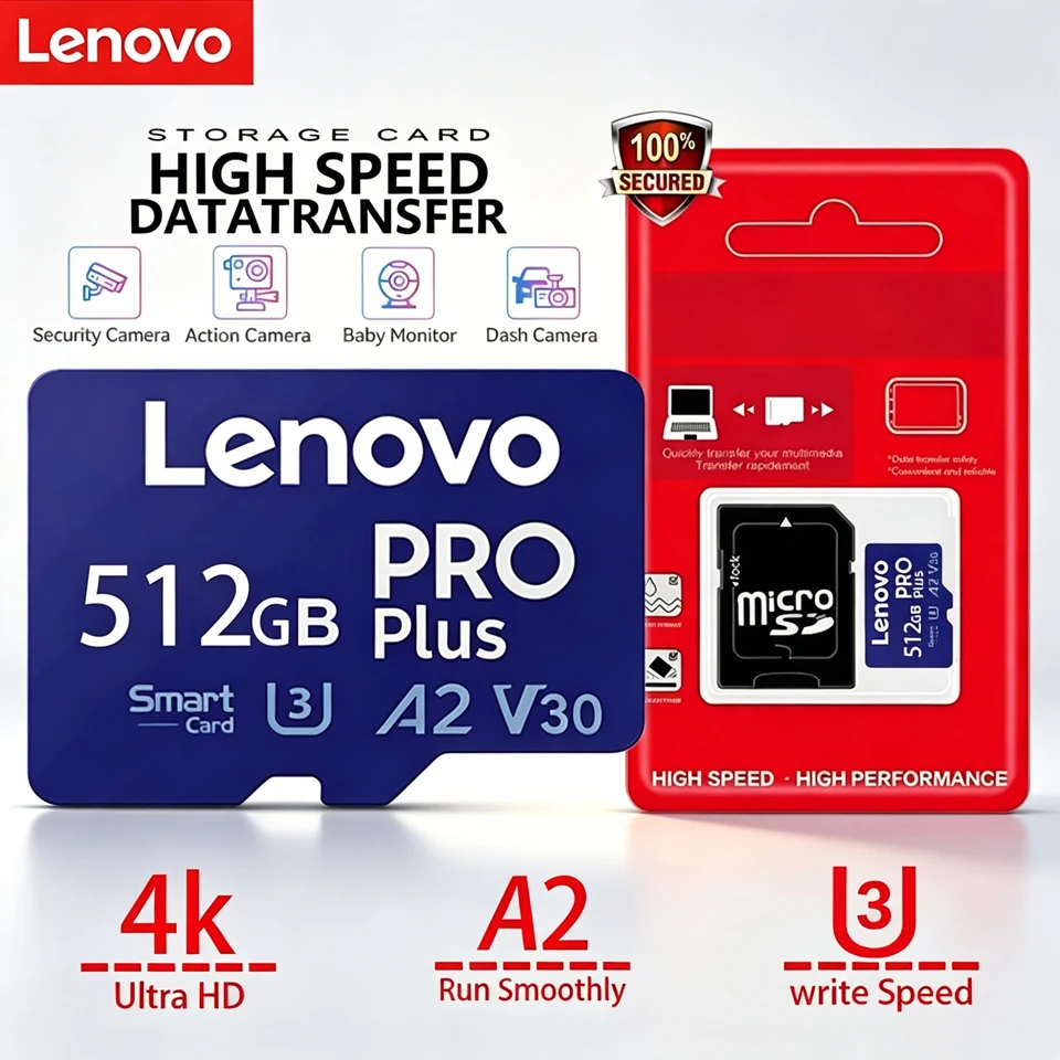 بطاقة ذاكرة فلاش Lenovo عالية السرعة من نوع Micro TF، متوافقة مع هواتف وأجهزة XIAOMI الذكية والأجهزة اللوحية، بسعات 128 جيجابايت، 32 جيجابايت، 64 جيجابايت، 256 جيجابايت، 512 جيجابايت، طراز V30 A2.