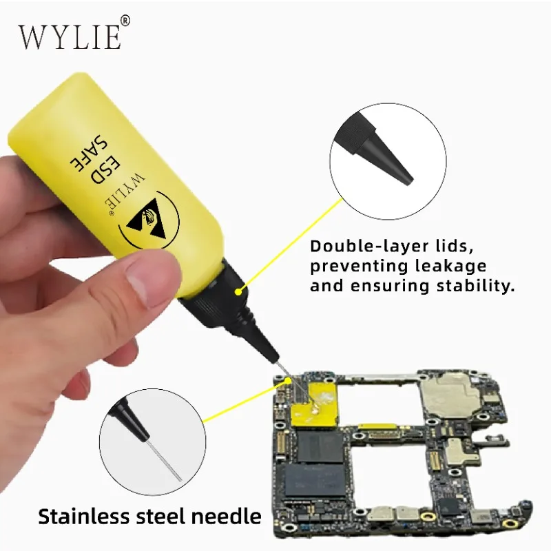 

WYLIE 60ml ESD SAFE Solvent Bottle Double Cap Leak-proof for Mobile Phone Repair Alcohol Glue Solution Solvent Dispensing Tool