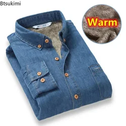 Nuevo 2025 Otoño Invierno cálido Denim Jeans vestido camisa hombres forro polar camisas de terciopelo botón abajo marca masculina camisa de fondo para hombres