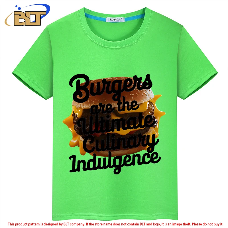 Camiseta infantil de manga curta com hambúrgueres, blusa casual infantil para meninos e meninas, educação alimentar de verão