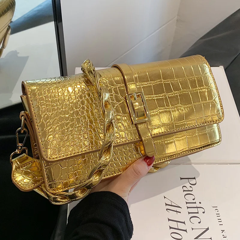 

New Vintage Women Wedding Dinner Evening Clutch Purse And Handbags Crocodile Pattern Leather Armpit Bags Gold Chic Underarm Bags