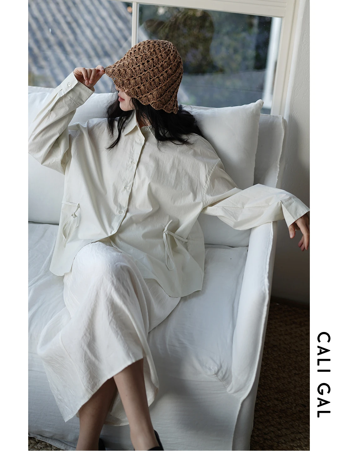 

Cali Gal Spring Summer Loose irt Dstring Lazy Sle Long Sve Collar Mid-Length Pure Color Cotton Women's irt