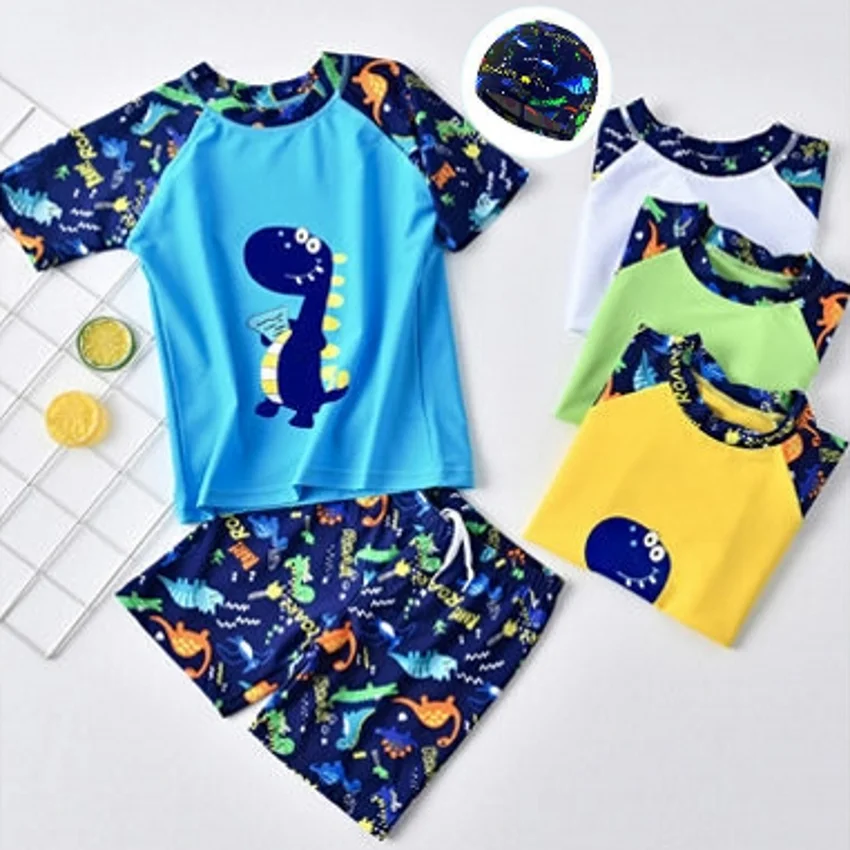 Traje de baño de dinosaurios para niños, bañador de moda para surf, conjunto de Tops y pantalones con gorro, 3 piezas