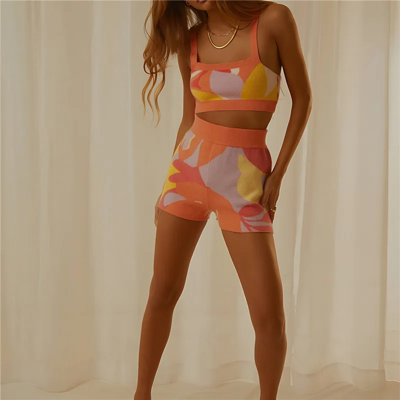 ABRT-Mulher Sexy-Oco Out Bodycon Crochet Malha 2Pc Outfits Crop Tops Calças Curtas Conjuntos de Saias