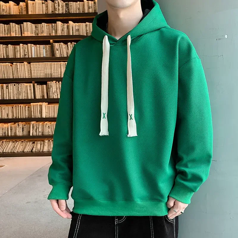 Male Clothes Hoodies Sweatshirt For Men Green Solid Hooded Loose Simple One Piece Chic Elegant Offers Overfit Autumn Warm Emo S