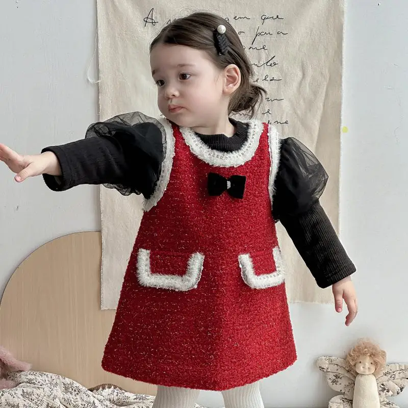 2024 Christmas Girls Winter Dress Children New Year Princess Dresses Birthday Party Frock Baby Girl Red Vestidos Black Top