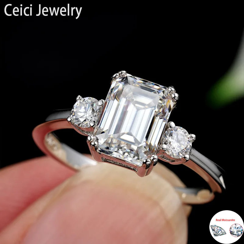 

Ceici 2-4CT Emerald Cut Moissanite 3 Stone Ring S925 Silver Plated 18K Gold for Women Wedding Band Gift Jewelry with Certificate