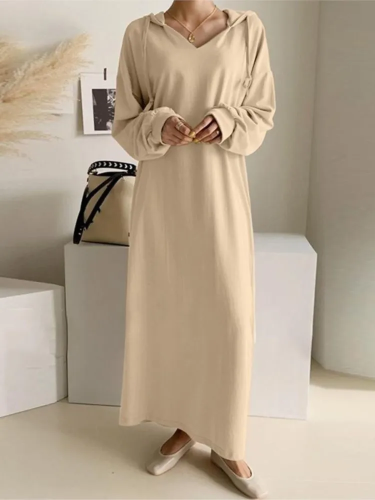 

Solid Color Sexy V-neck Shirt With Pocket Hooded Dress For Spring Autumn Women's Clothing New Long Frock Vestidos Para Mujer