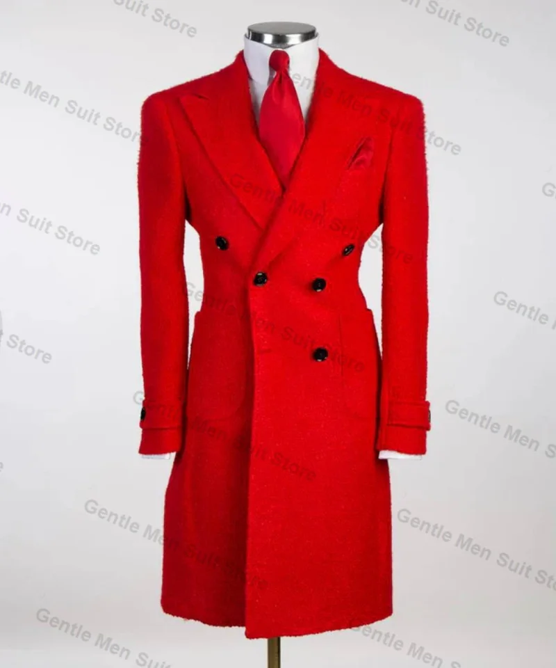 Formal merah 1 buah wol pria Blazer Kingcoat kasmir Prom pengantin pria mantel pernikahan Double Breasted dibuat sesuai jaket Bisnis