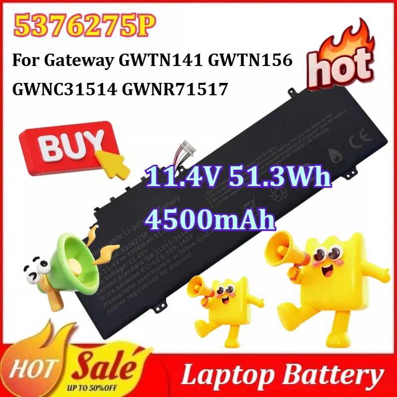 

5376275P 11.4V 51.3Wh 4500mAh Laptop Battery for Gateway GWTN141 GWTN156 GWNC31514 GWNR71517 NV-549067-3S UTL-509068-3 5376275P