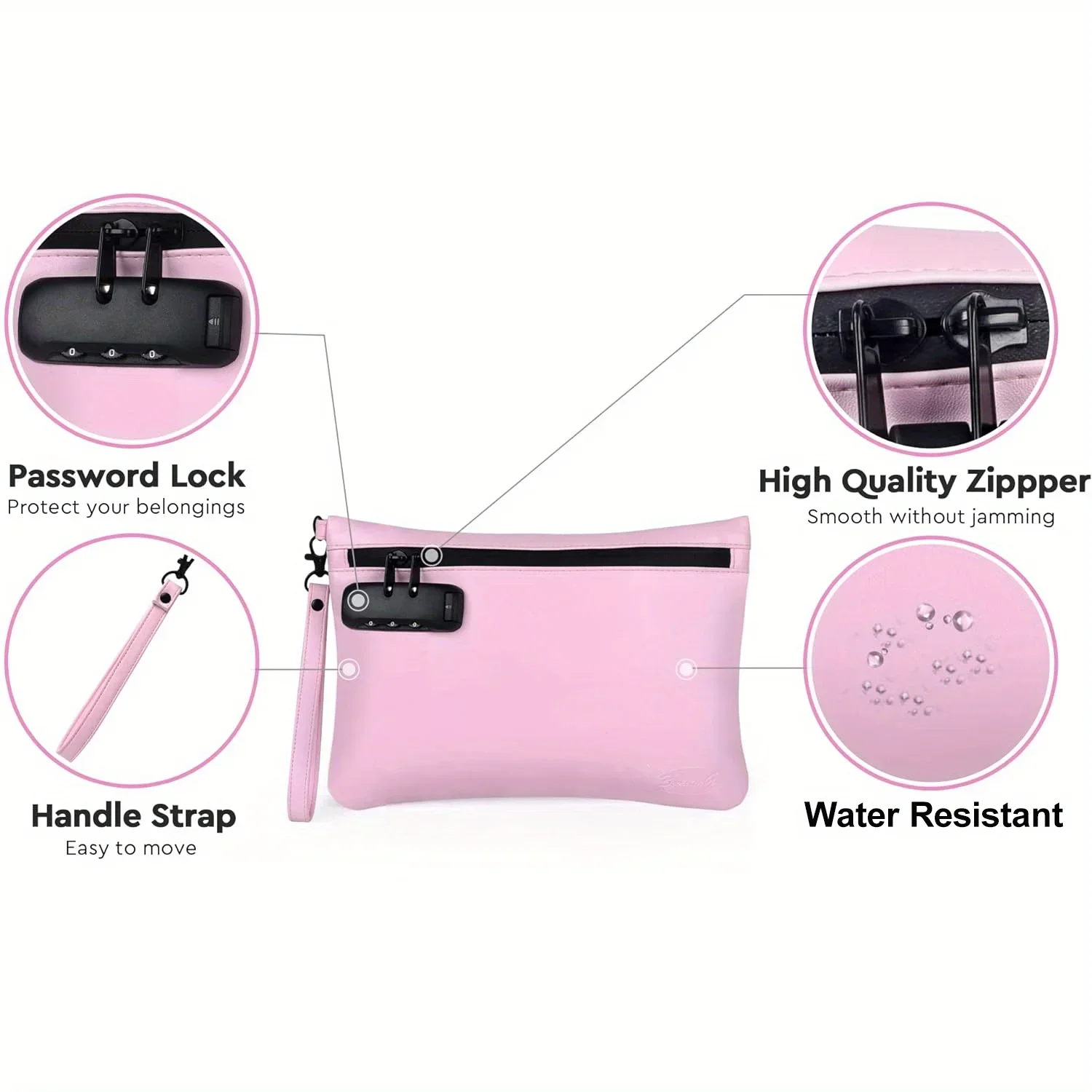 Pink PU Leather Pouch Bag with Combination Loc Travel Size for Women