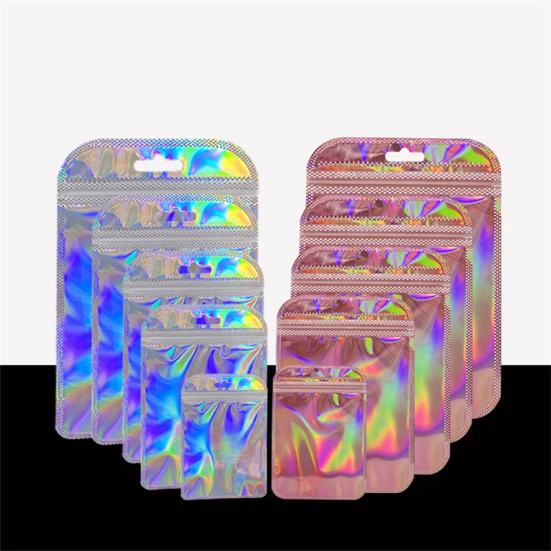 50pcs Iridescent Ziplock Bag Transparent Laser Thicken Plastic Seal Bags for Jewelry Display Handicrafts Nail Eyelash Packaging