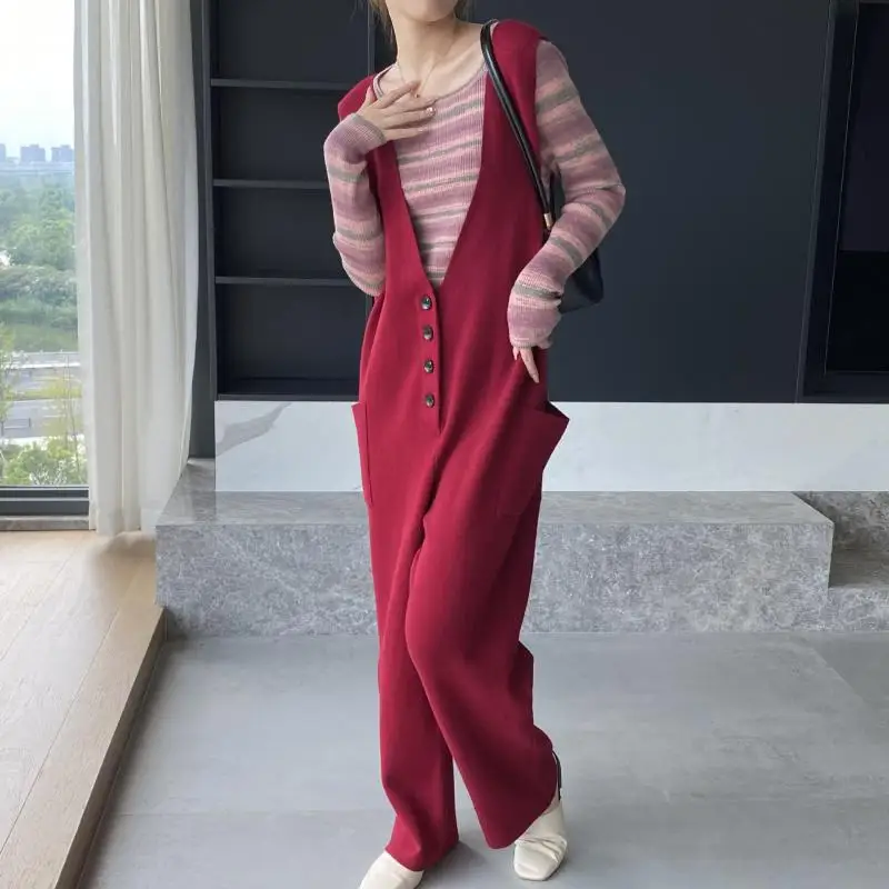 YUERWANG Women Jumpsuit 2025 Spring Fashion All Match Deep V Neck Sleeveless Single Breasted Solid Loose Casual Long Jumpsuits