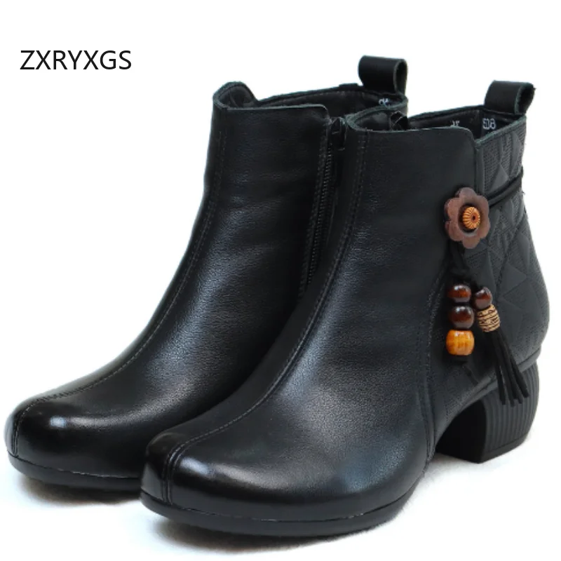 

ZXRYXGS Classic Retro Top Cowhide Beads Genuine Leather Boots 2025 Temperament Elegant Autumn Winter Shoes Women Fashion Boots