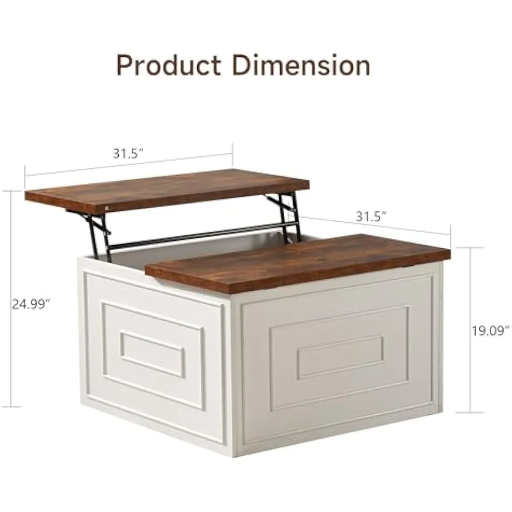 Mesa de centro elevable de 31,5" con almacenamiento, mesa de centro cuadrada para sala de estar, mesa de centro elevable de granja con grande oculto