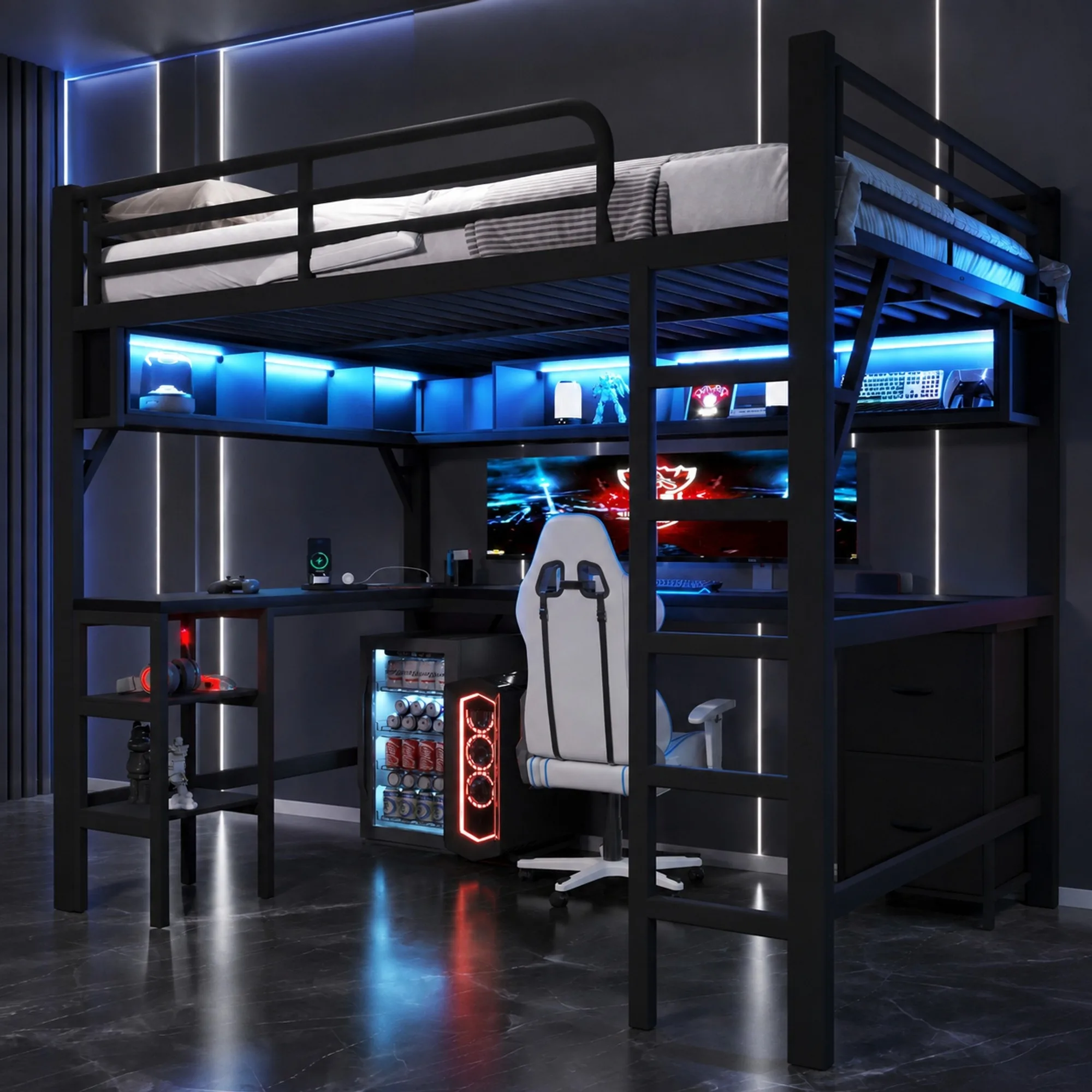 WUVRIE Metalen hoogslaper 140 x 200 cm met bureau, boekenkast, opbergruimte, USB en ledverlichting, zwart