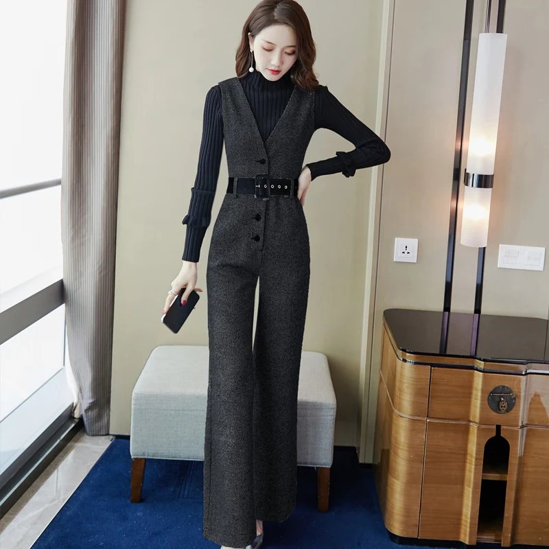 Office Lady Houndstooth Jumpsuit Women Spring Autumn High Waist Jumpsuits With Belt Combinaison Femme Elegant Overalls