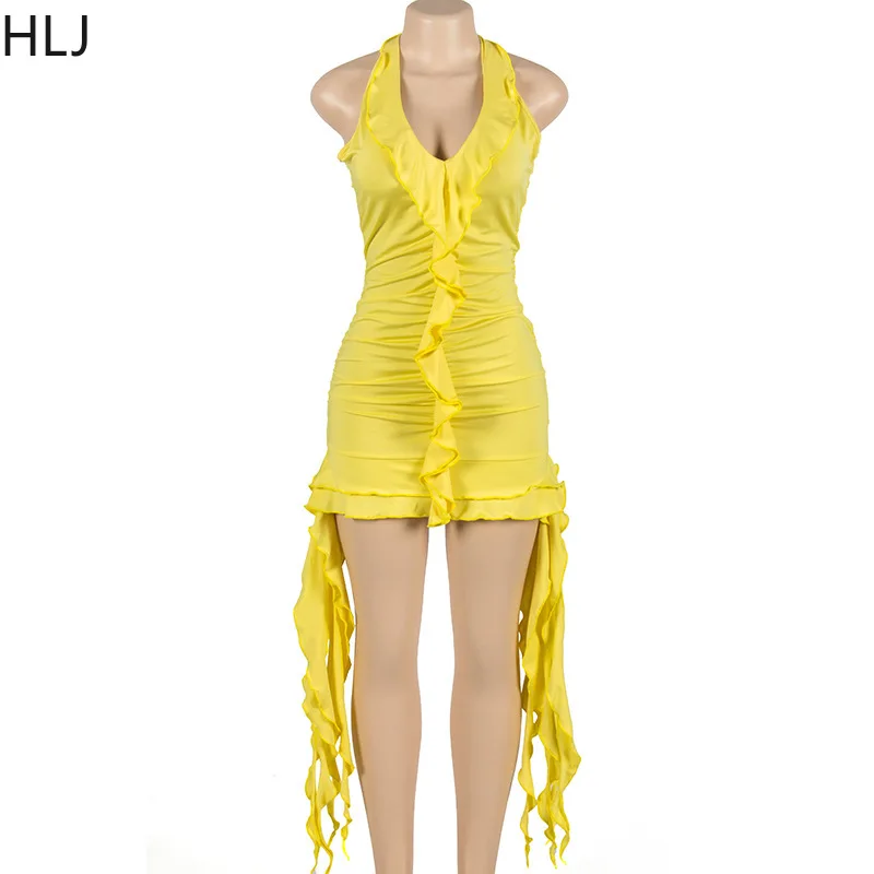 HLJ Sexy Ruffle Y2K Mini Dress For Women Halter Neck Backless Fringed Ruched Cocktail Summer Party Tassels Short Dresses