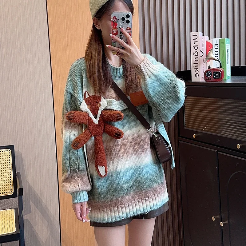 

Hsa Women Casual Fox Doll Sweater 2023 Autumn Winter O-Neck Loose Sweaters Harajuku Warm Long Sleeve Y2k Pullovers Knitwear