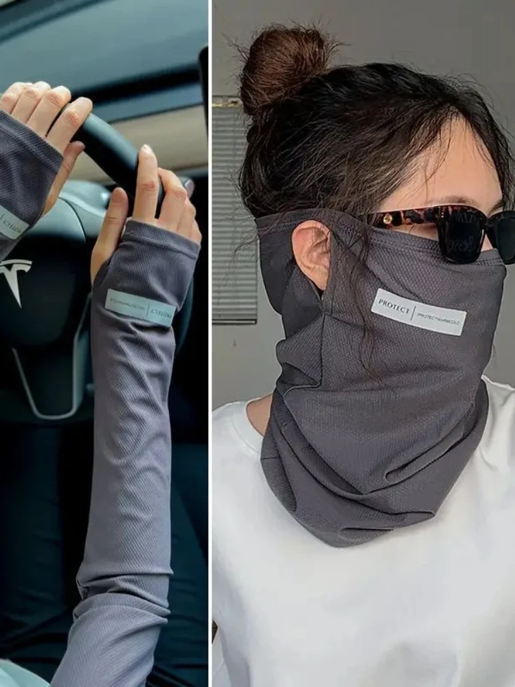 AliExpress NONE Ice Silk Sunscreen Mask Ice Sleeve Set Outdoor Bicycle Mask Solid Color Neck Protection Sunscreen UV Protection Summer