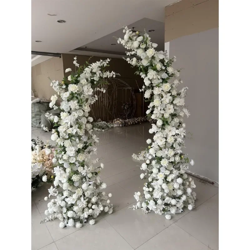 Artificial Green Leaves With Champagne Rose Wedding Arch Decorated Flower Metal Arch For Wedding Background