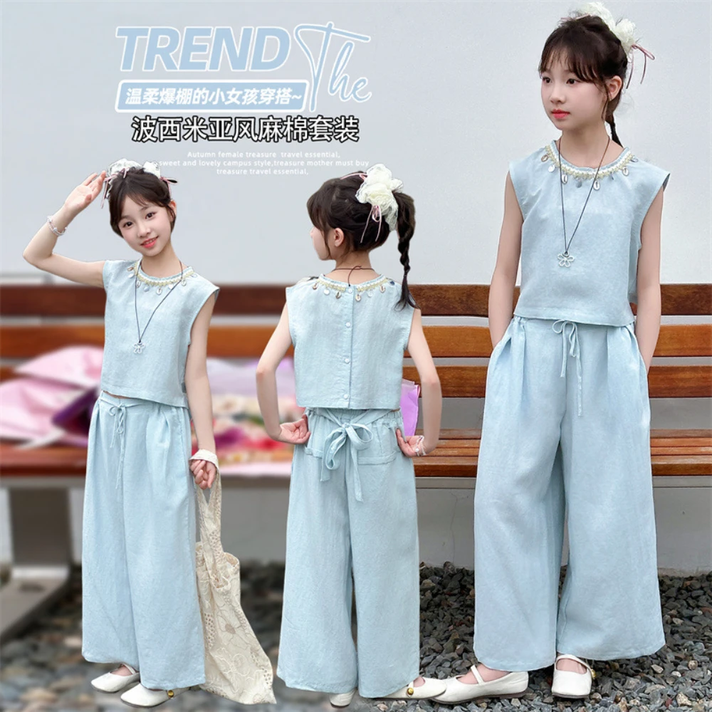 

Girls Summer Fashion Outfit Bohemian Cotton Linen Two-Piece Set Trendy Streetwear New 2025 Teenage Children's Clothing