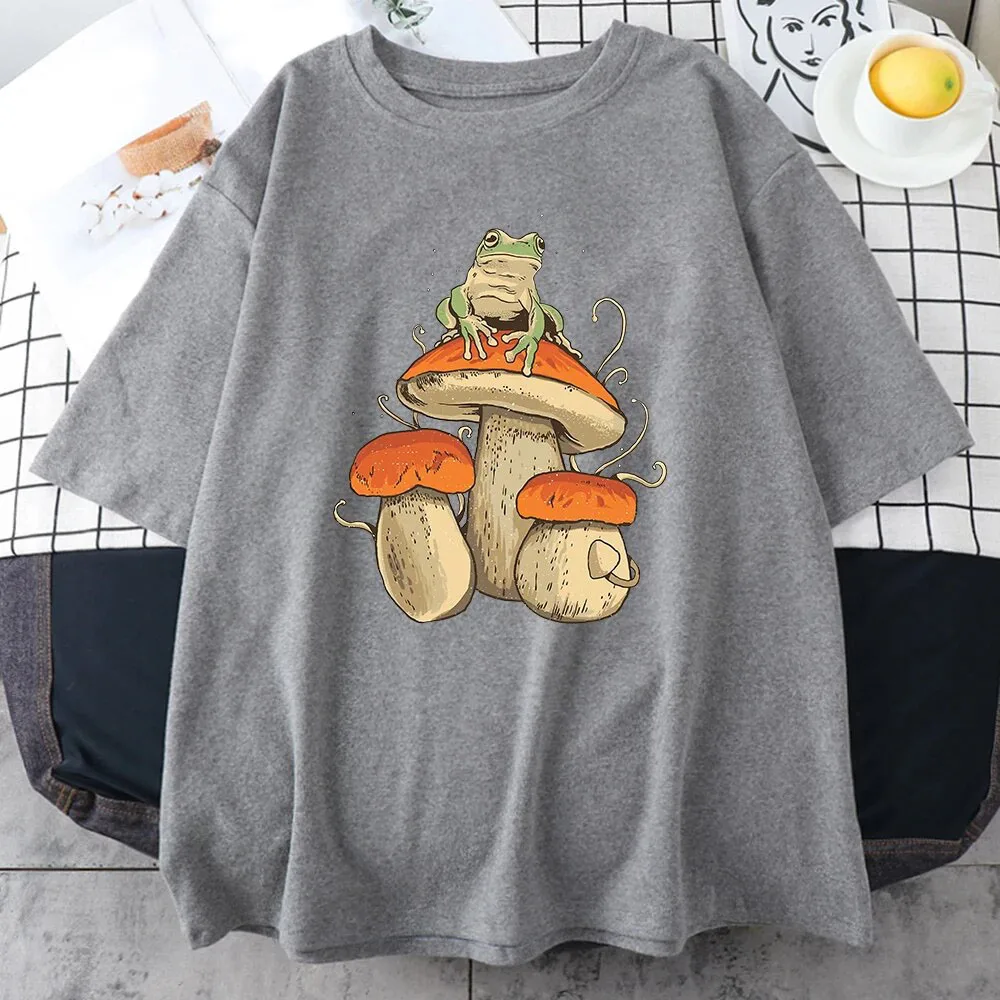 Mushroom Frog Funny Cotton T-Shirts Printed Men Women Casual Short Sleeve T Shirt Oversized Harajuku Unisex Tees Tops Clothing