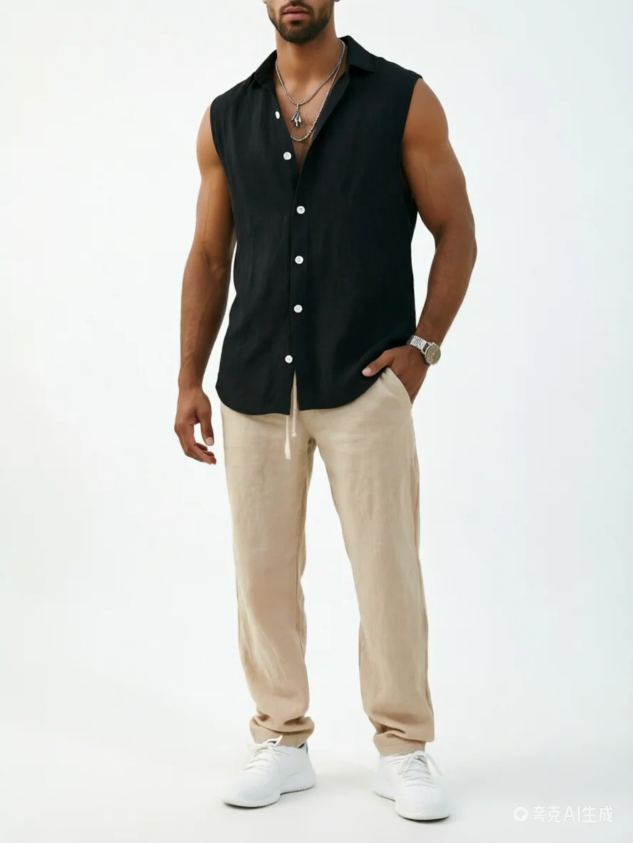 

Мужской легкий льняной комплект: рубашка без рукавов и брюки, жилет с воротником, высококачественная повседневная одежда, идеально подходит для выхода на улицу, в наличии.