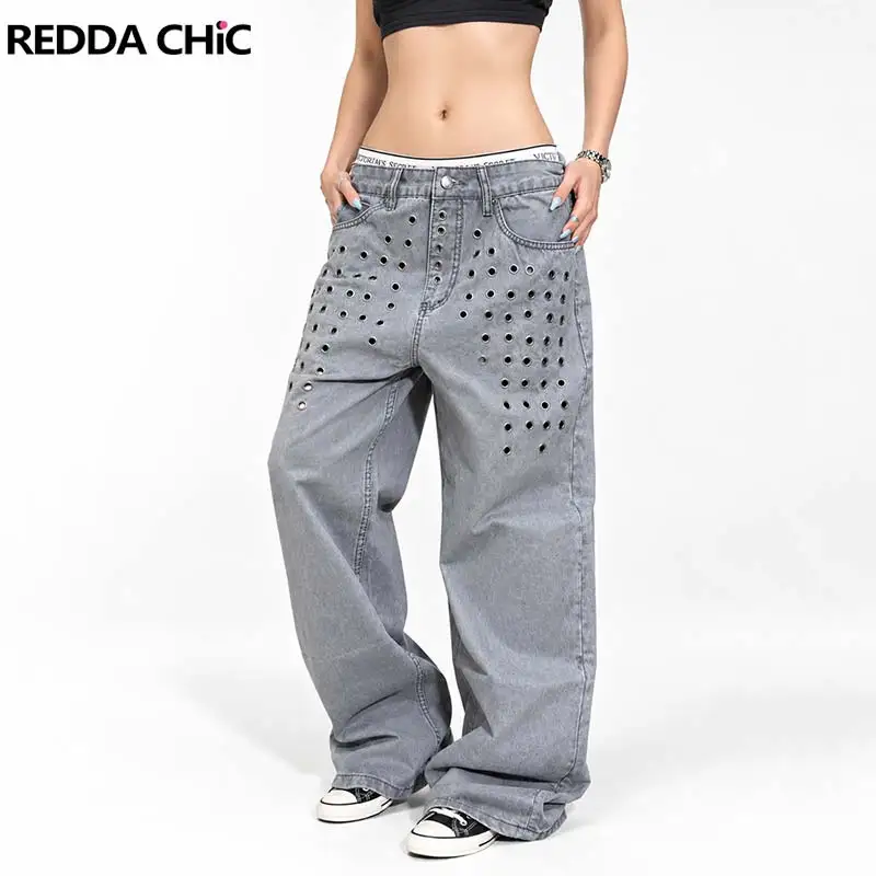 REDDACHiC Women Metallic Eyelets Wide Leg Jeans Vintage Hollow Low Rise Straight Washed Gray Loose Denim Pants Punk Streetwear