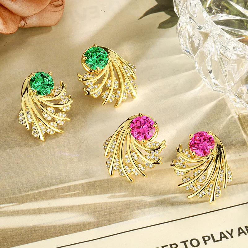 

Gold Color 7mm Round Emerald Pink Sapphire CZ Feather Stud Earrings Luxury Crystal Wing Earrings for Women Wedding Party Jewelry