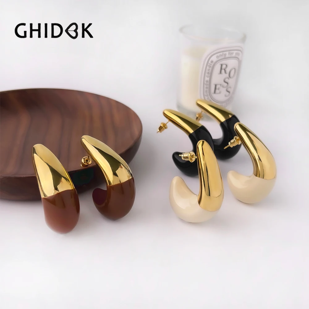 GHIDBK Retro Gold Plated Enamel Dropped Oil Thick Nail Women's Earrings Simple and Irregular C-shaped Earrings Jewelry Gifts