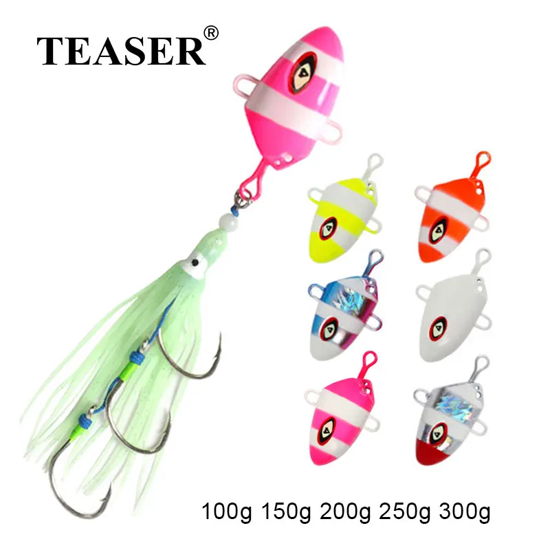 

TEASER J18 100g 150g 200g 250g 300g Bouncer Bullet Jig Head Bucktail Metal Jig Saltwater Sinking Jigbait With Squid Triple Hook