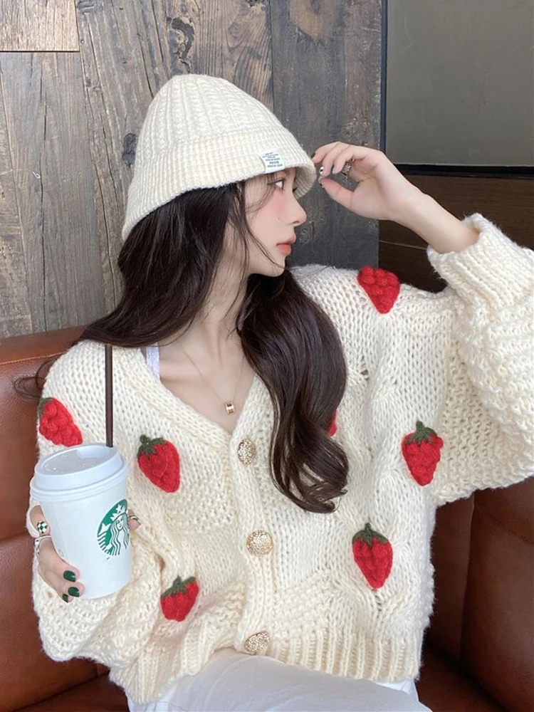 Zoki 3D Strawberry Sweet Cardigan Women Loose Long Sleeve Fashion Knitted Sweaters Korean Lazy Wind Casual Female Soft Cardigans