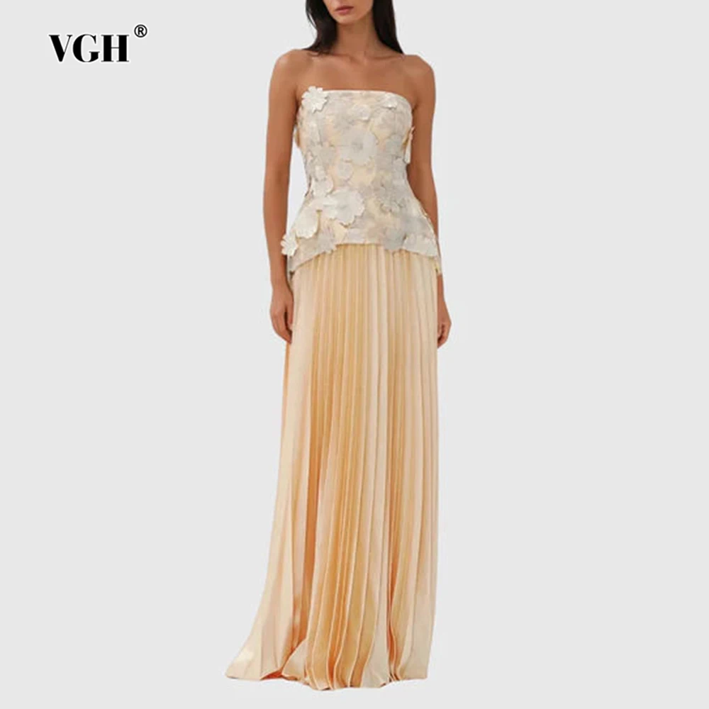 

VGH Solid Sweet Two Piece Sets For Women Square Collar Sleeveless Spliced Appliques Top High Wiast Skirt Cute Set Female Style