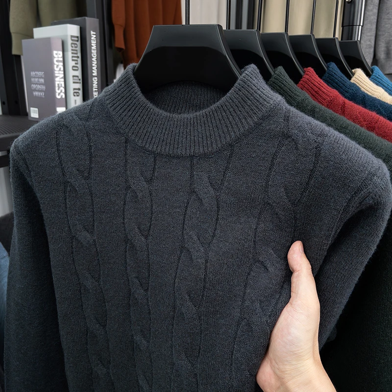 

Новинка 2025 года, зимний мужской шерстяной свитер, утепленный теплый свитер с высоким воротом, жаккардовый вязаный базовый свитер