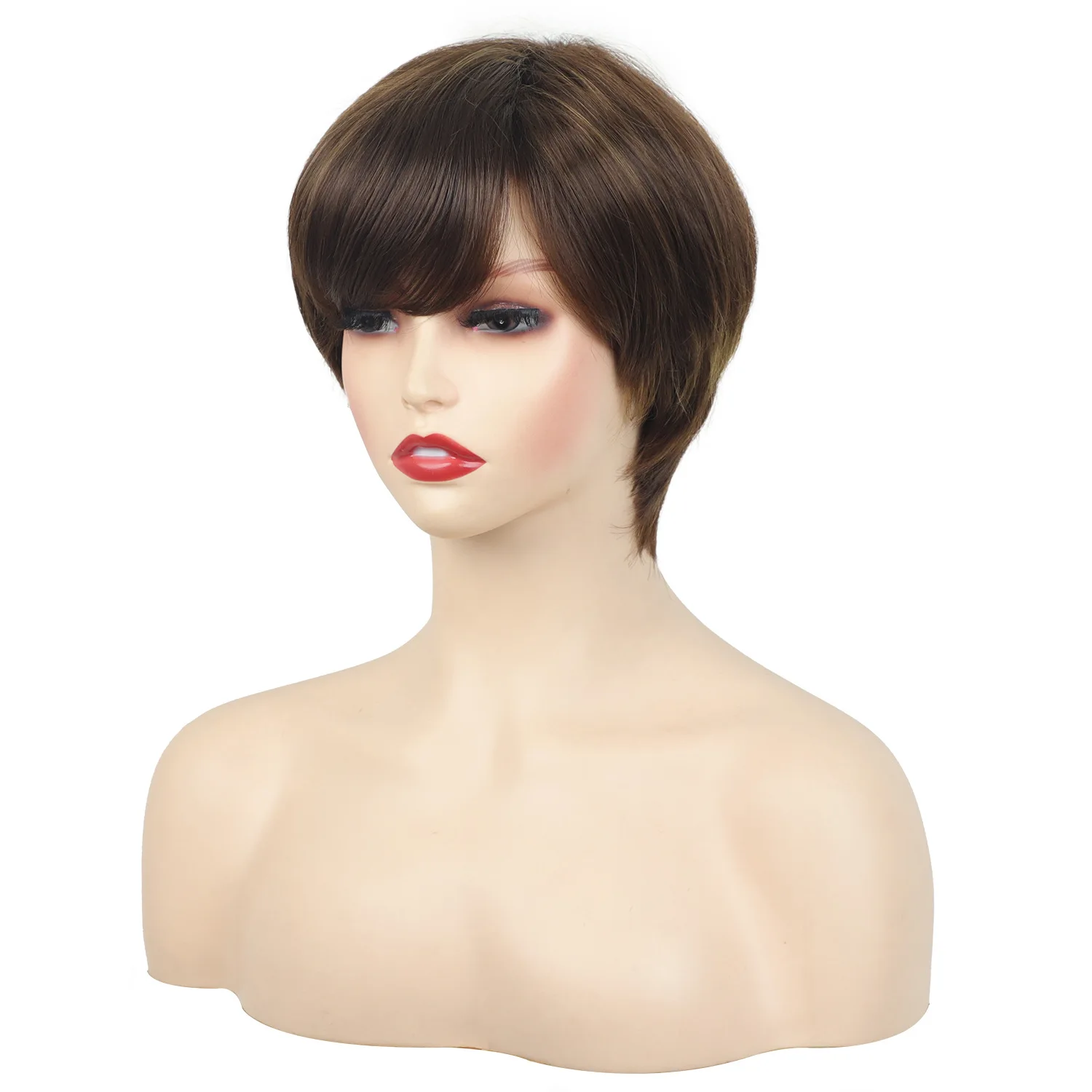 باروكة صناعية قصيرة مستقيمة بنية اللون مع غرة للنساء للحفلات التنكرية اليومية، شعر مستعار مقاوم للحرارة