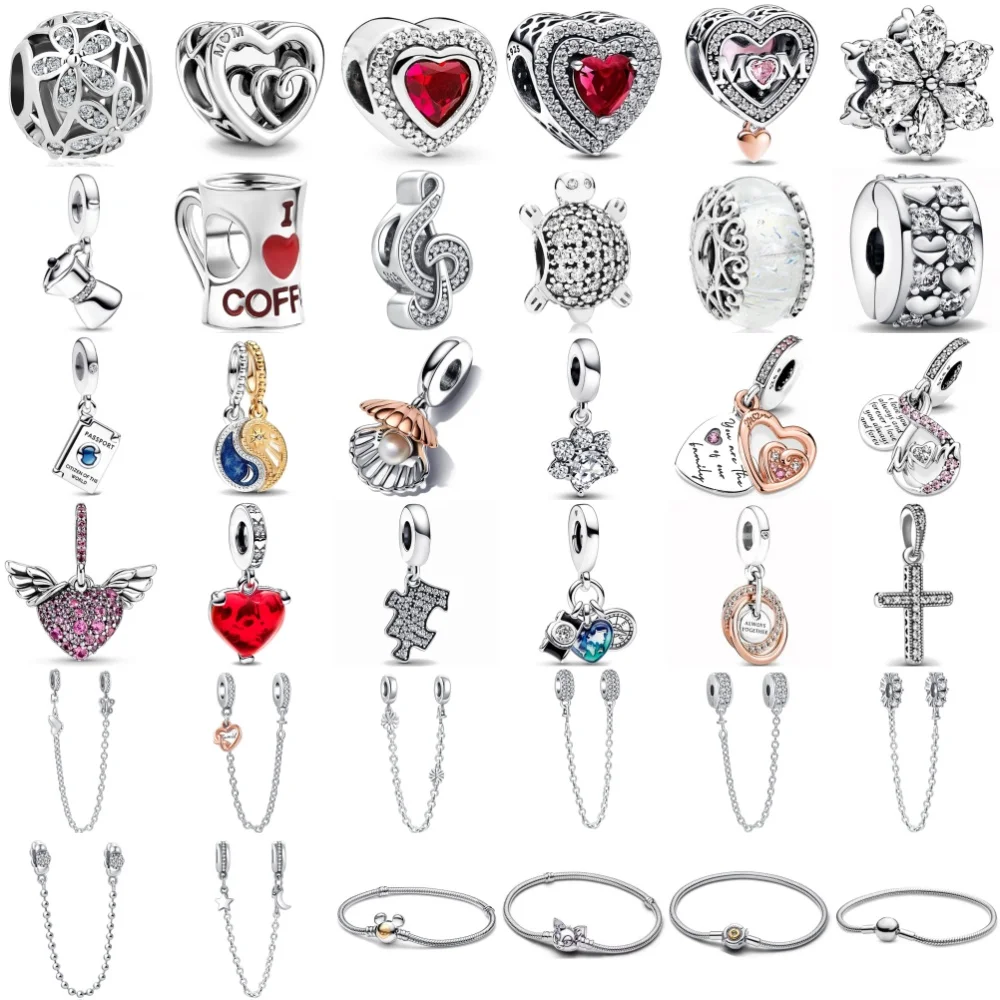 925 Sterling Silver Plated White Stone Daisy Dog Paw Coffee Cup Mom Red Stone Heart Diy Bead Fit European Jewelry Bracelet