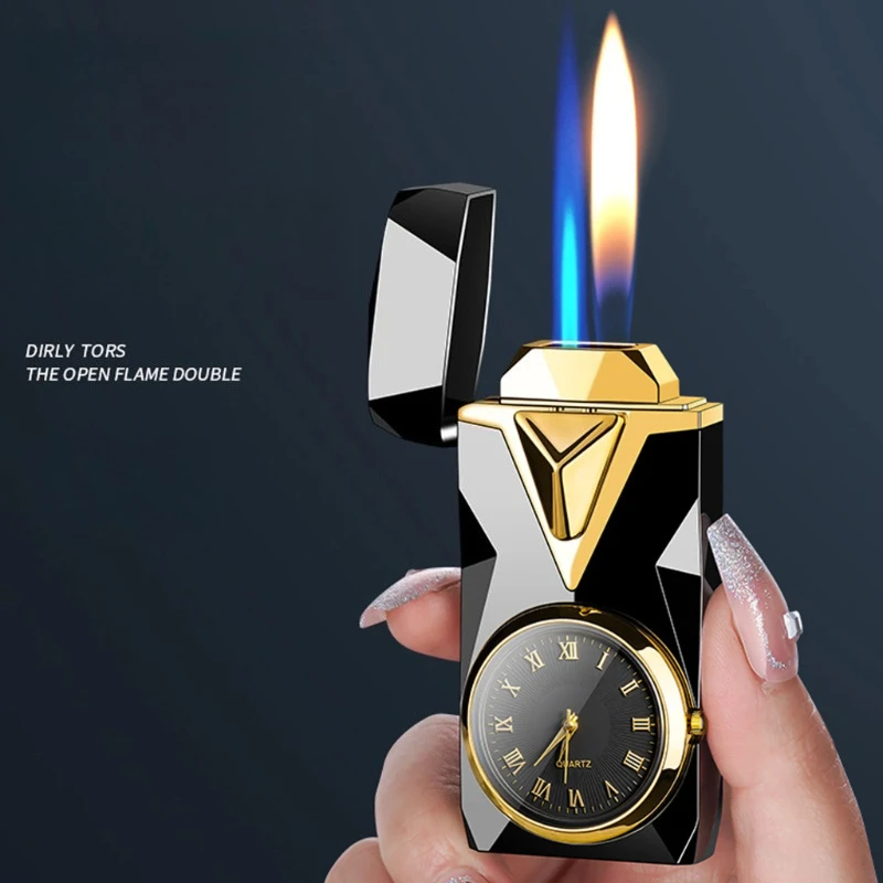 New Dual Flame Cigar Lighter with Built-in Quartz Watch Windproof Butane Refillable Premium Metal Smoking Accessory Tool
