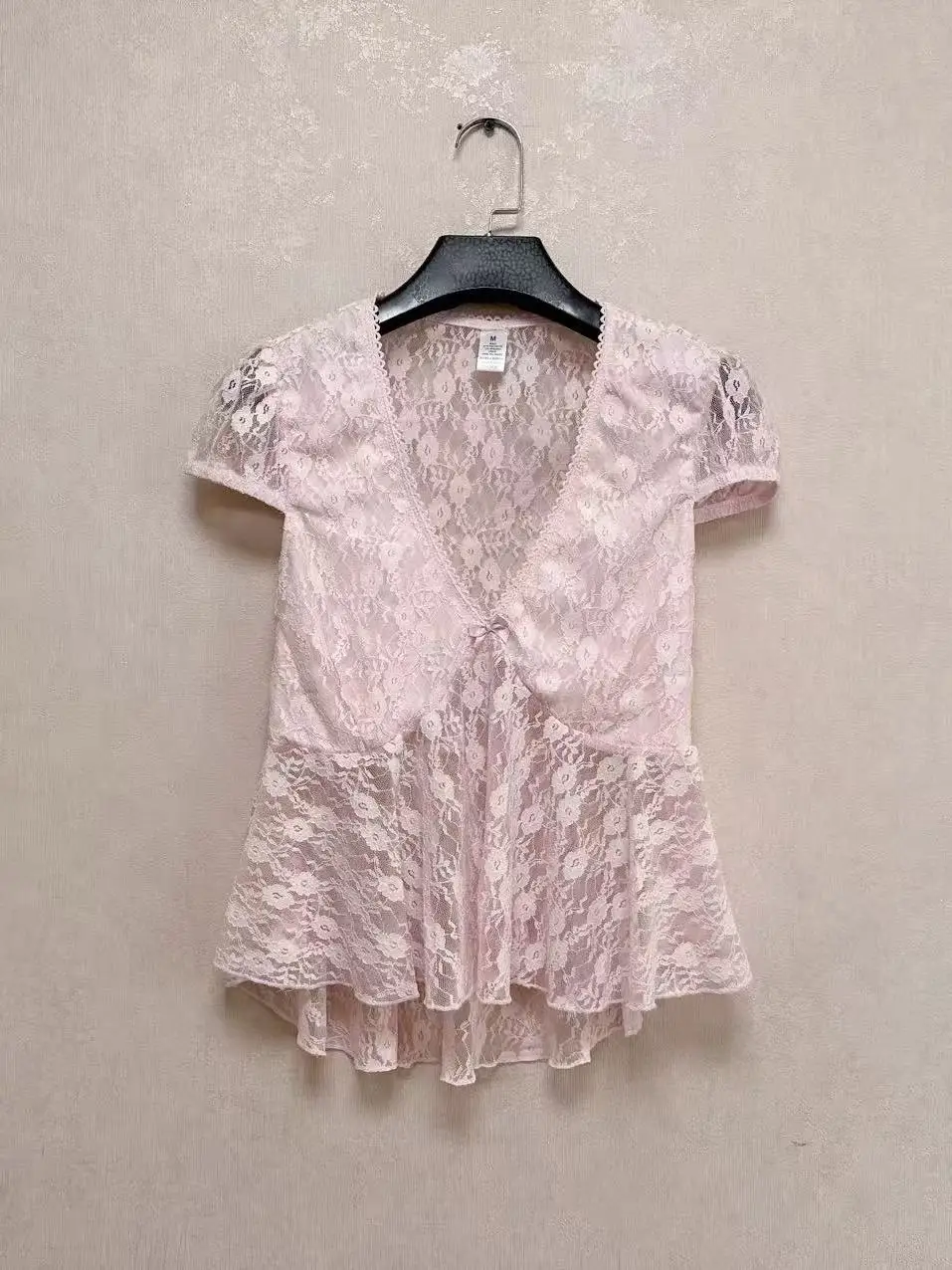 Camisa Curta de Renda Sexy para Mulheres, Rosa, Semi-Transparente, Renda Macia, Decote em V, Manga Curta, Top Pequeno, Fibra ...