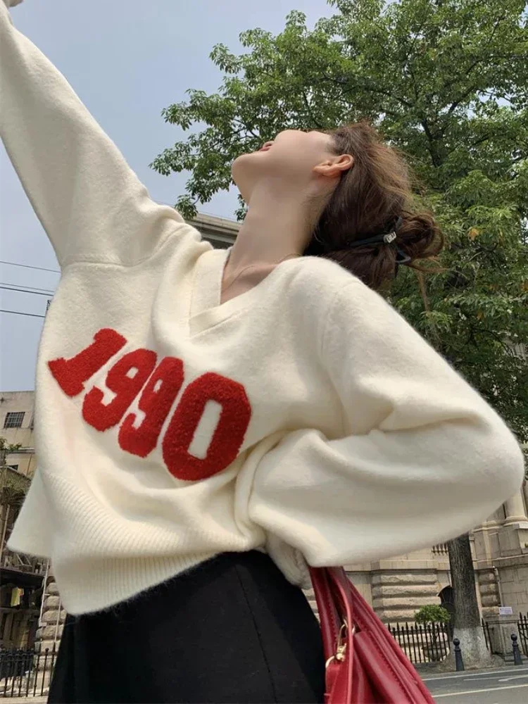 Jerséis para mujer otoño rojo Simple todo-fósforo suelto estudiantes Ulzzang carta elegante ocio moda cuello pico cómoda creatividad