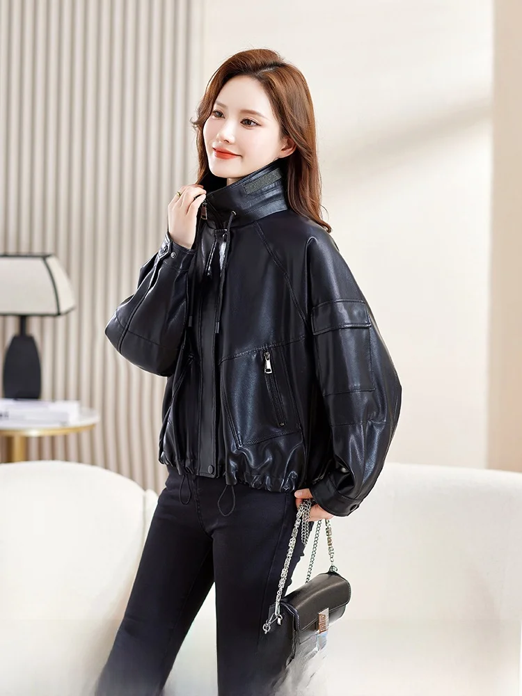 

Casual Sle ort Leather Jaet Women's Faionable Stand Collar eepskin Coat Loose Fit Korean Version 2025 New Arrival